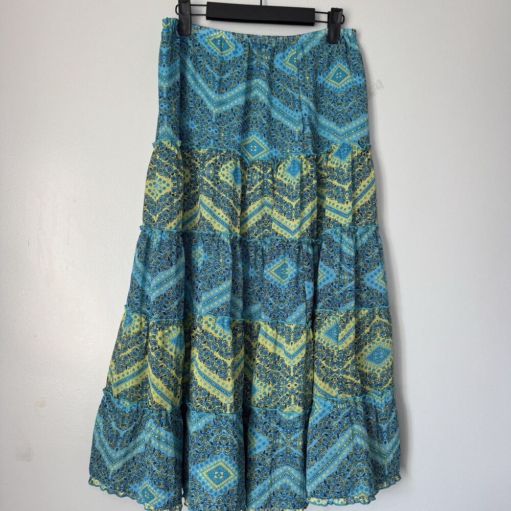 American Vintage Unbranded Tiered Ruffle Skirt Flowy Boho Pattern Blue/Green SzM